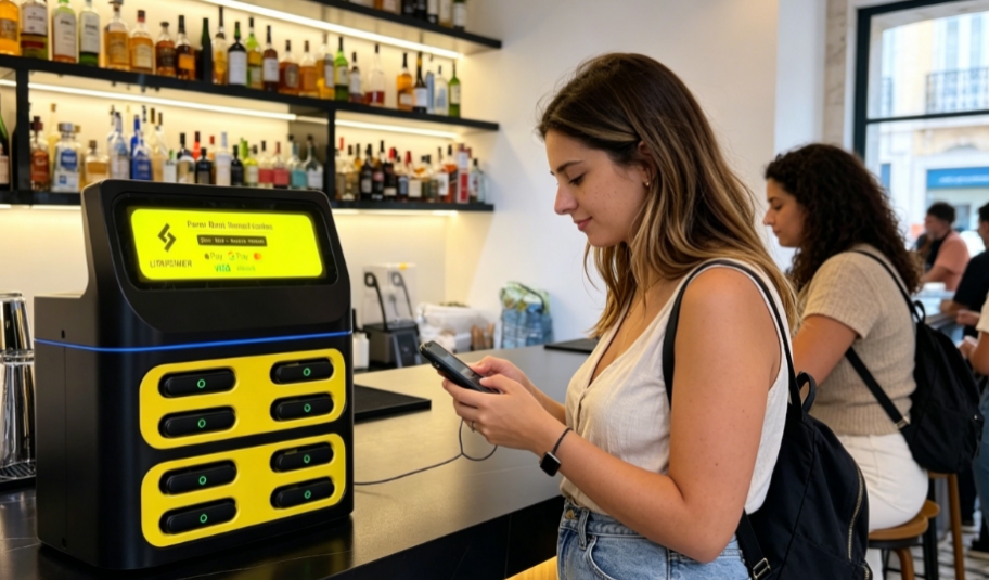 Shared power bank pricing and usage in high-traffic locations such as malls and restaurants in Portugal